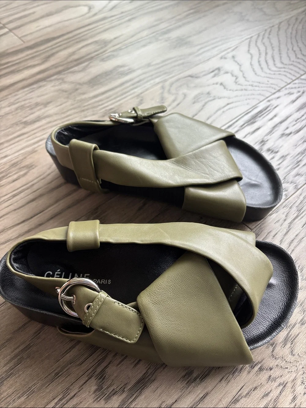 Celine Olive Green Leather Crisscross Slingback Sandals - Picture 2 of 8